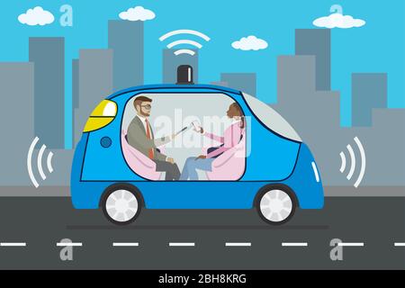 Les gens dans une voiture moderne auto-conduite, la route de la ville, la technologie futuriste, l'illustration plate vectorielle Illustration de Vecteur