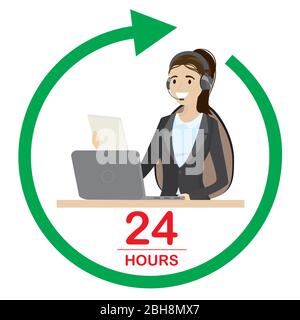 concept de service à la clientèle en ligne, femme caucasienne derrière un bureau, flèche verte et texte de 24 heures, isolée sur fond blanc, illustration vectorielle de dessin animé Illustration de Vecteur