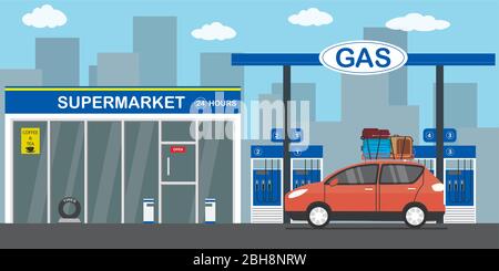 Station essence, voiture rouge avec bagages sur le toit, supermarché 24 heures sur 24, ville sur fond, illustration vectorielle plate Illustration de Vecteur