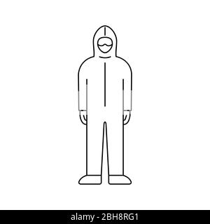 Icône de ligne de costume de protection. Équipement médical de sécurité personnelle. Costume Hazmat EPI. Précaution du virus Corona. Contour de vêtements de travail jetables. Vecteur, art. de clip Illustration de Vecteur