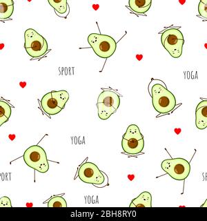 Motif sans couture du yoga Avocado. Motif avocat sur fond blanc. Yoga pour femmes enceintes. Illustration mignonne pour les cartes de vœux Illustration de Vecteur