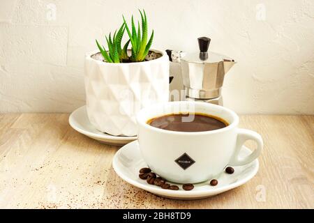 Tasse de café, soucoupe et haricots, cafetière en aluminium, plante verte succulente en pot Banque D'Images