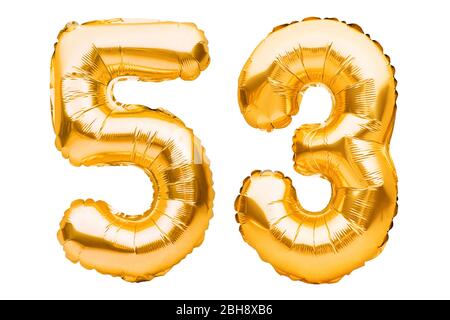 Numéro 53 cinquante trois de ballons gonflables dorés isolés sur blanc. Ballons d'hélium, numéros de feuilles d'or. Décoration de fête, signe anniversaire pour Banque D'Images