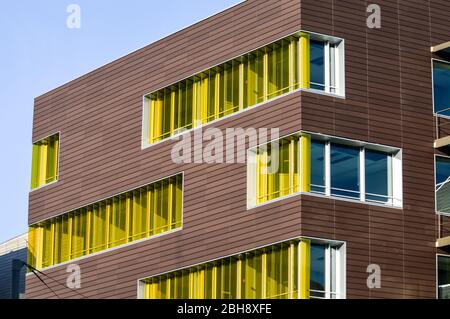 Fenêtres jaunes colorées dans un bâtiment moderne d'architecture. Les volets de fenêtres sont jaunes sur un mur en bois sombre avec un ciel bleu. Banque D'Images