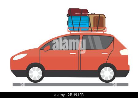 Voiture rouge moderne avec bagages sur le toit, transport de vacances en famille, isolée sur fond blanc, illustration vectorielle plate Illustration de Vecteur