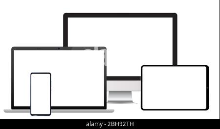 Ensemble de conception réaliste de différents appareils de bureau, ordinateur portable, tablette et smartphone avec un écran vide vide vierge. Maquette des moniteurs de modèles et des gadgets Illustration de Vecteur