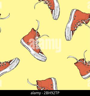 Motif sans couture avec des sneakers rouges vintage, fond ou texture dessiné à la main, illustration vectorielle Illustration de Vecteur