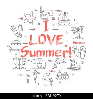 Concept linéaire vectoriel de concept d'été - J'aime l'été Illustration de Vecteur