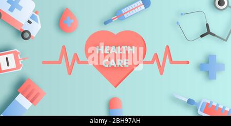 Style artistique en papier des soins de santé et des éléments médicaux avec coeur et électrocardiogramme au centre. Illustration de Vecteur
