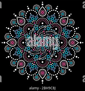 Motif vectoriel de peinture à pois bohème aborigène, motif vectoriel de mandala, décoration artistique à pois australiens en blanc, rose et bleu sur noir Illustration de Vecteur