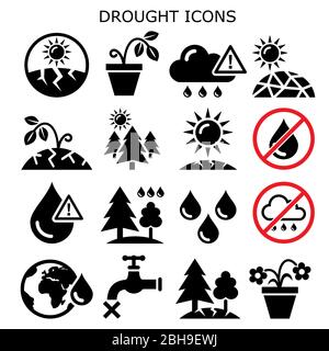 Sécheresse, catastrophes naturelles, changements climatiques vecteurs icônes ensemble - pas d'eau pour les plantes, dans les jardins et les forêts Illustration de Vecteur