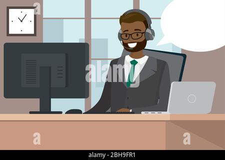 concept de service à la clientèle en ligne, afro-américain, derrière un bureau dans un bureau moderne, illustration vectorielle Illustration de Vecteur