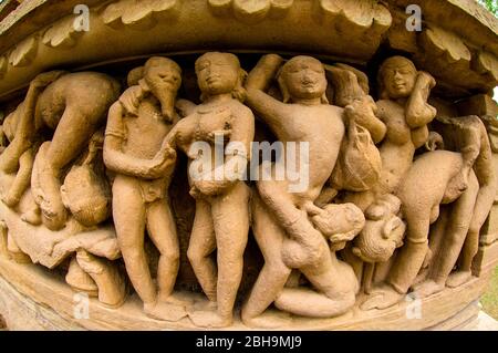 Arts au mur, temples de Khajuraho, Inde Banque D'Images