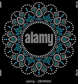 Mandala Aboriginal point painting tribal vecteur conception, style boho motif d'art à pois australien en blanc et bleu sur noir Illustration de Vecteur