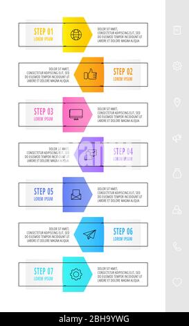 Infographie avec 7 éléments avec flèches. Concept vectoriel de sept options commerciales à choisir. Conception moderne pour les diagrammes, l'organigramme, la chronologie. Illustration de Vecteur