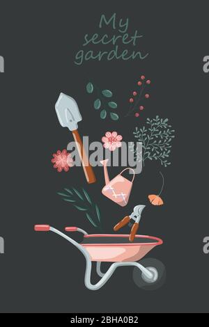 Les outils de jardin et les plantes vectoriels dessinés à la main éléments de conception Illustration de Vecteur
