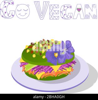Hamburger vegan vert vectoriel dessiné à la main avec lettrage Go vegan. Alimentation durable Illustration de Vecteur