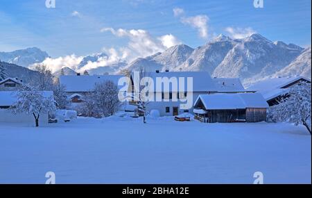 Des maisons recouvertes de neige profonde contre le mont Zugspitze et les Alpes d'Ammergauer, Ohlstadt, la Terre Bleue, Haute-Bavière, Bavière, Allemagne Banque D'Images