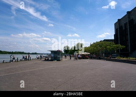 Les gens marchent le long du bord de mer du Rhin à Mayence derrière l'hôtel de ville par beau temps. Banque D'Images