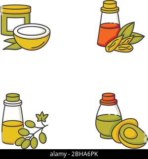 Huiles capillaires jeu d'icônes de couleur RVB. Masque naturel à la noix de coco dans le pot. Extrait d'amande dans liquide. Essence de raisin pour le traitement des cheveux. Avocat biologique Illustration de Vecteur