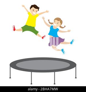 des enfants caucasiens heureux sautant sur un trampoline, profitant de l'écolière et de l'écolier, isolés sur fond blanc, illustration vectorielle de dessin animé Illustration de Vecteur