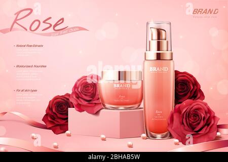 Élégantes annonces cosmétiques roses avec rubans et perles sur fond rose pailleté dans l'illustration tridimensionnelle Illustration de Vecteur