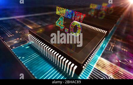 Industrie 4.0, innovation et technologie numérique moderne. Concept futuriste de la ligne de production de CPU illustration de rendu abstraite en 3 dimensions. Usine de traitement W Banque D'Images
