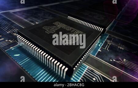 Industrie 4.0, innovation et technologie numérique moderne. Concept futuriste de la ligne de production de CPU illustration de rendu abstraite en 3 dimensions. Usine de traitement W Banque D'Images