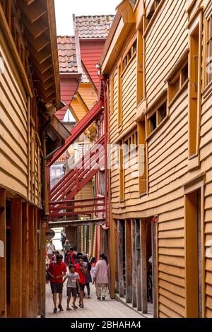 Les touristes marchent sur des panneaux de bois à travers une allée dans le centre de Bergen, entouré de maisons en bois, avec des magasins reliés par des allées et des escaliers à travers la ruelle, Hordaland, Norvège, Scandinavie, Europe Banque D'Images