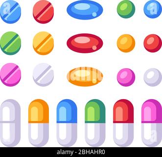 Jeu de pilules colorées de différentes formes. Icônes de médecine plate Illustration de Vecteur
