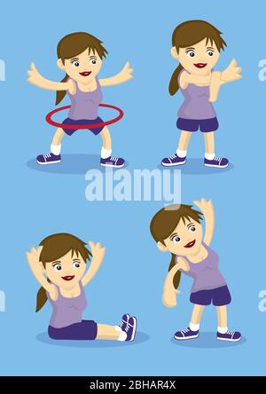 Fille sportive de dessin animé faisant chaud et des exercices d'étirements. Illustration vectorielle pour un style de vie sain. Illustration de Vecteur
