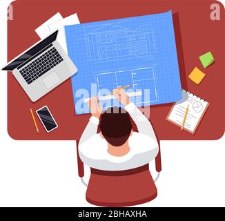 Architecte dessin plan semi plat RVB couleur illustration vectorielle Illustration de Vecteur