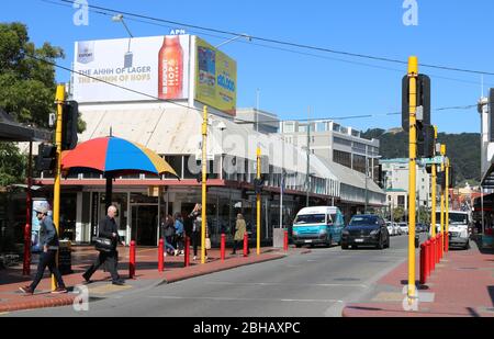 Vue sur le passage piéton de la rue Cuba dans le centre-ville de Wellington, Wellington, Nouvelle-Zélande. Banque D'Images