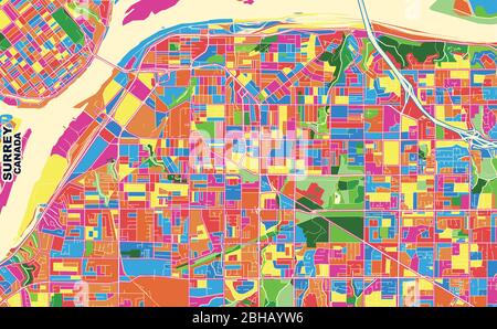 Carte vectorielle colorée de Surrey, Colombie-Britannique, Canada. Modèle de plan artistique pour l'impression automatique d'œuvres d'art murales au format paysage. Illustration de Vecteur