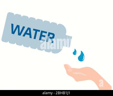 Bouteille d'eau et main avec gouttes Illustration de Vecteur