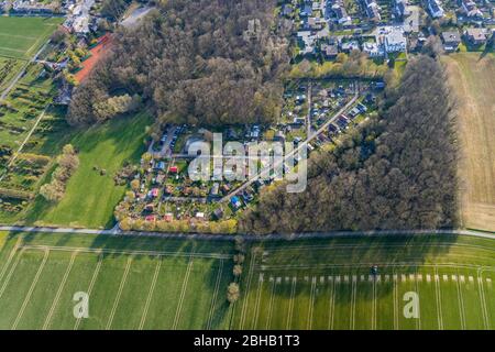 Vue aérienne du jardin d'allotissement 'à une belle vue', quartier Rhynern, Hamm, Rhénanie-du-Nord-Westphalie, Allemagne. Banque D'Images