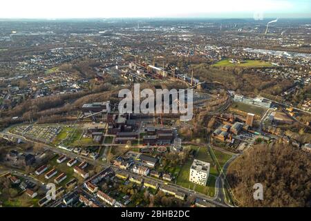 Vue aérienne, collierie, Zollverein avec patinoire, site du patrimoine mondial, Essen-Schonnebeck, Essen, région de la Ruhr, Rhénanie-du-Nord-Westphalie, Allemagne Banque D'Images