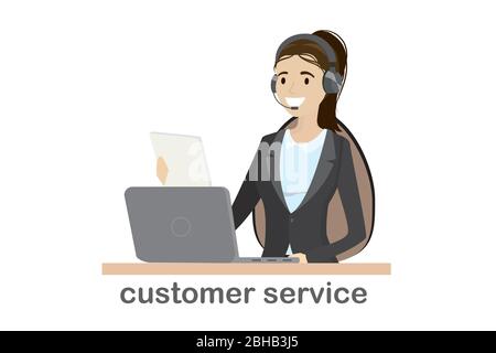 concept de service à la clientèle en ligne, femme caucasienne derrière un bureau, isolée sur fond blanc, illustration vectorielle Illustration de Vecteur