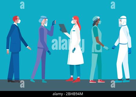 Équipe de médecins ou infirmières femmes et hommes portant différents équipement de protection individuelle pour travailler dans un hôpital luttant contre le covid-19 Illustration de Vecteur