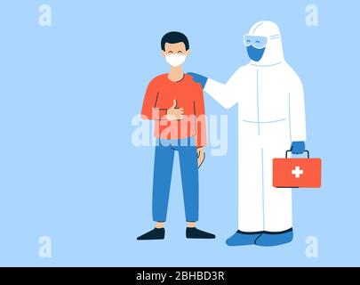 Illustration vectorielle moderne de style plat. Merci aux médecins et aux infirmières. Coronavirus COVID-19. Médecin en costume blanc noisette. Patient heureux Illustration de Vecteur