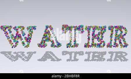 Etage coloré du texte Water avec de petits objets sur fond blanc et ombre correspondante Banque D'Images