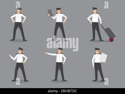 Ensemble de six illustrations vectorielles du pilote d'avion ou du capitaine de compagnie aérienne en uniforme noir et blanc. Caractères de dessin animé isolés sur fond gris. Illustration de Vecteur