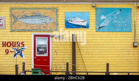 Boutique de cadeaux Seagull's Nest. Détails de la façade. Tableaux naïfs sur parement de bardeaux jaunes. Porte rouge décorative. Port de North Rustico, Î.-P.-É., Canada Banque D'Images