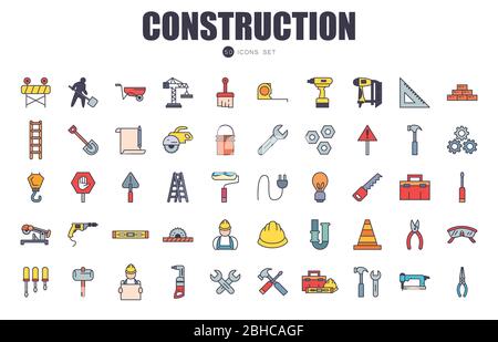50 style de remplissage ensemble d'icônes conception de travaux de construction atelier de maintenance réparation de progrès main d'œuvre et thème industriel illustration vectorielle Illustration de Vecteur