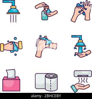 robinets et icône d'hygiène des mains sur fond blanc, style de couleur de ligne, illustration vectorielle Illustration de Vecteur