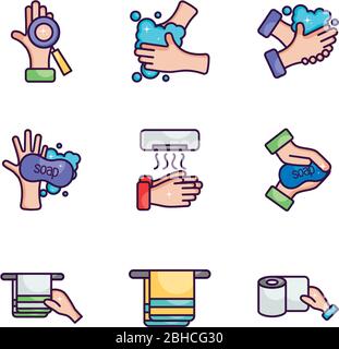 l'icône serviettes et hygiène des mains est placée sur un fond blanc, un style de couleur de ligne, une illustration vectorielle Illustration de Vecteur