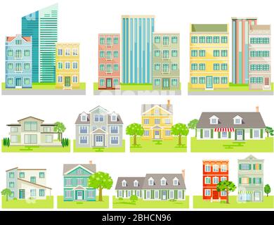 Un groupe de différentes maisons, vector, cut out - fond neutre, Illustration de Vecteur