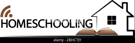 Concept de homeschooling. Étudier à la maison en ligne. Illustration de l'emblème de l'éducation.Homeschooling icône Type. Étudier et apprendre à la maison. Accueil école et quarantaine précaution pour rester à l'abri du virus. Illustration de Vecteur