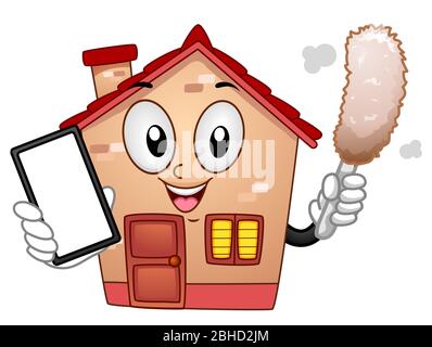 Illustration d'une maison Mascot Holding un Duster de nettoyage et un téléphone mobile Banque D'Images