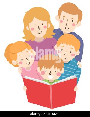 Illustration d'un garçon de Kid lecture d'un livre fort avec des frères et sœurs et des parents regardant derrière Banque D'Images